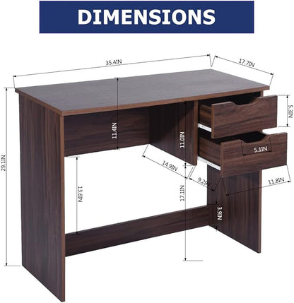 Home Office Computer Desk, 35.4" Small Study Writing Table, with Storage Drawers, Modern Teen Student Adult PC Table Desk, Walnut