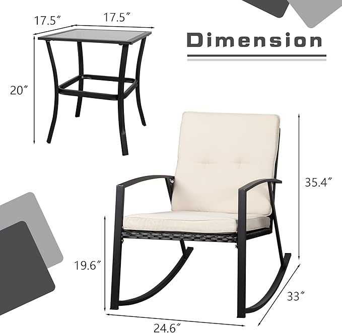 Shintenchi 3 Pieces Rocking Bistro Set Wicker Patio Outdoor Furniture, 2 Rattan Porch Chairs Conversation Sets with Glass Coffee Table (Beige)