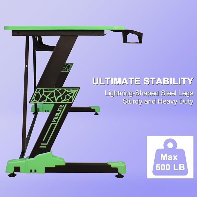 63 Inch Gaming Desk, with Carbon Fiber Surface, Lightning-Shaped PC Computer Table, with Headphone Holder, Cup Holder, Cable Management Box, Gaming Table for Gamer, Purple&Green