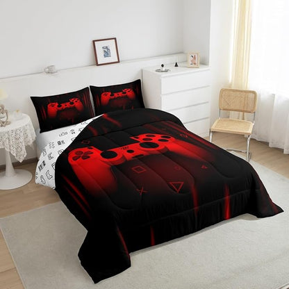 Feelyou Boys Gamer Comforter Set King Size Gaming Bedding Set Kids Video Games Comforter for Teen Child Gamer Room Decor Super Soft Red Black Bed Set Microfiber Game Geometric Duvet Quilted Gamer Gift