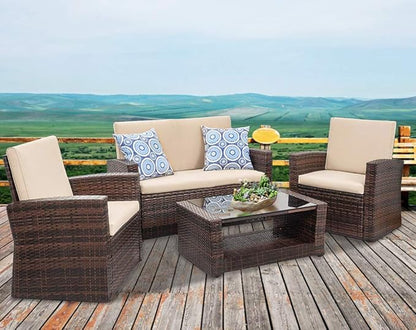 FDW Sectional Sofa Rattan Chair Wicker Conversation Set Outdoor Backyard Porch Poolside Balcony Garden Furniture with Coffee Table, Brown