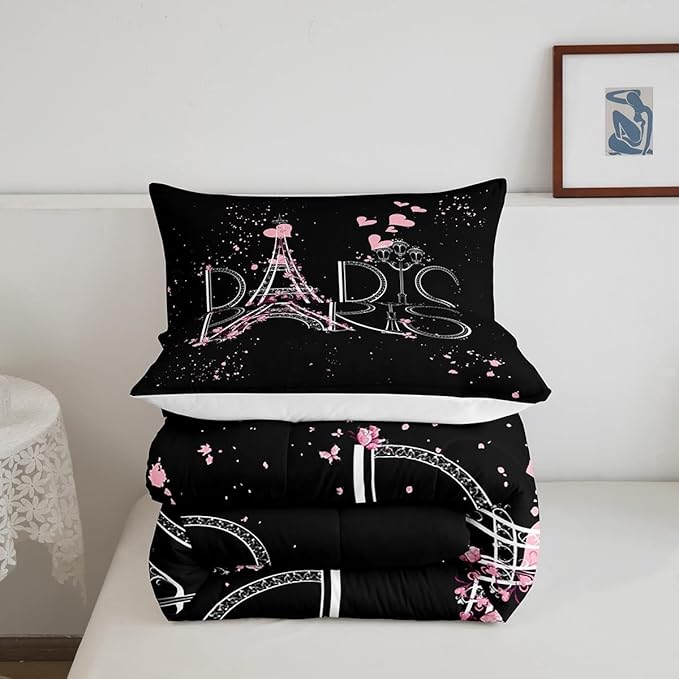 Eiffel Tower Comforter Set Chic Paris Bedding Set Romantic Theme Comforter for Boys Girls Children Teens Black Pink Bedroom Decor Modern French Style Duvet Set Twin Size with 1 Pillow Case