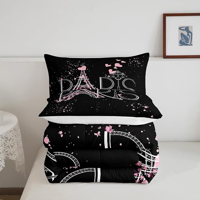 Eiffel Tower Comforter Set Chic Paris Bedding Set Romantic Theme Comforter for Boys Girls Children Teens Black Pink Bedroom Decor Modern French Style Duvet Set Queen Size with 2 Pillow Case