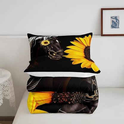 Erosebridal Horse Comforter Set Twin,Sunflower Horse Bedding set for Boys Girls Teens Adults,Western cowboy Farmhouse Down Comforter farm animal Quilt Duvet Sets Bedroom Decor 1 Pillow Case Black