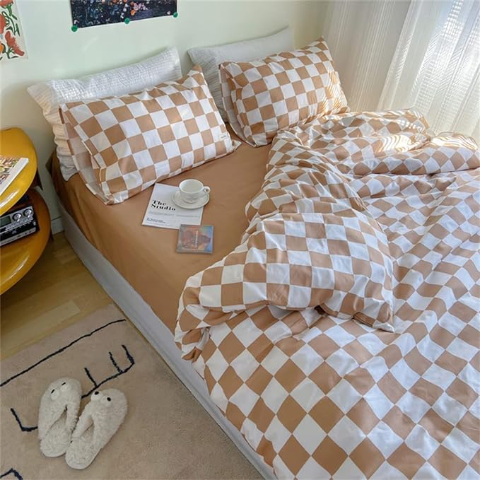 Wellboo Light Brown Plaid Comforter Sets Full Women Men Cream Coffee and White Checkerboard Grid Bedding Comforters Cotton Boys Girls Modern Light Taupe Checkered Geometric Quilts Luxury Abstract Bed