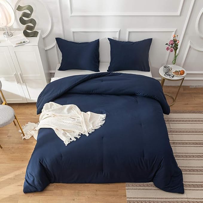 Solid Navy Comforter Set Cal King Navy Blue Bedding Set Soft Pure Navy Blue Bedding Quilt Men Navy Blue Blanket Women Breathable Durable Bed Comforter Set Dark Navy Blue Bedding Set Cal King
