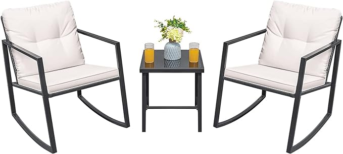 Greesum 3-Piece Rattan Wicker Patio Furniture Set with Rocking Chairs, Glass Table and Corelle 18-Piece Dinnerware Service for 6