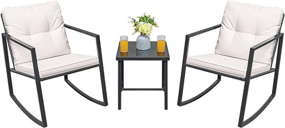 Greesum 3-Piece Rattan Wicker Patio Furniture Set with Rocking Chairs, Glass Table and Corelle 18-Piece Dinnerware Service for 6