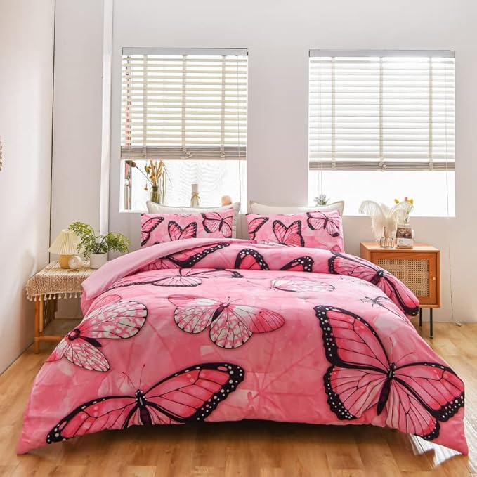 Btargot 3 Piece Pink Butterfly Girls Kids Adults Queen Size Comforter Set, Lightweight Soft All Season Bedding Set with 2 Pillowcases