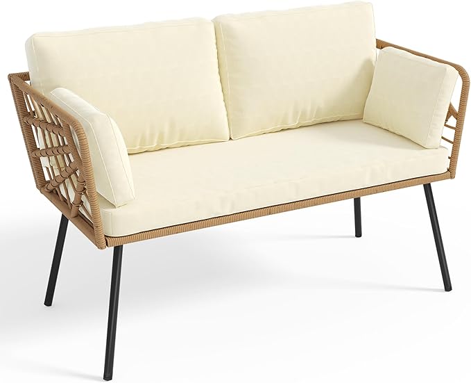 YITAHOME Wicker Outdoor Loveseat, All-Weather Patio Sofa for Balcony, Backyard, Pool, Porch, Deck, Outdoor Sectional Furniture Set with Table & Cushions - Beige