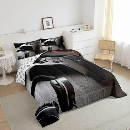 Gaming Bedding Set Boys Game Controller Comforter for Kids Girls Teens Modern Gamer Headset Comforter Set Youth Gaming Console Video Game Decor Duvet Set with 2 Pillow Case Full Size Black