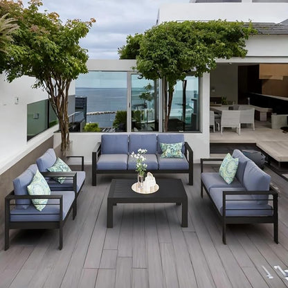 Solaste Aluminum Patio Furniture Set,5 Pieces Modern Outdoor Conversation Set Sectional Sofa with Upgrade Cushion and Coffee Table,Black Frame and Blue Cushion