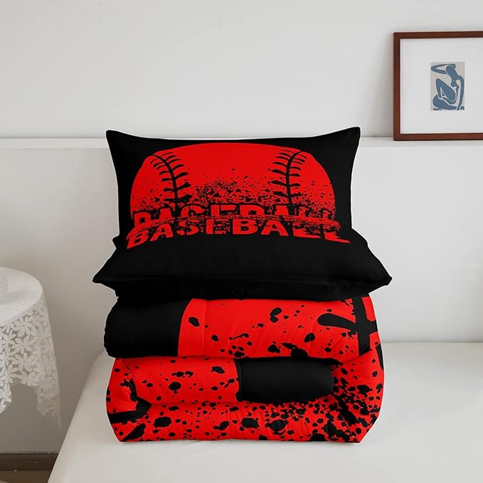 Baseball Comforter Set King Size Kids Red Black Sports Quilt Bedding Set For Boys Girls,Reversible Black Bedding Comforter Sets Soft Lightweight For All Season,1 Comforter And 2 Pillow Cases