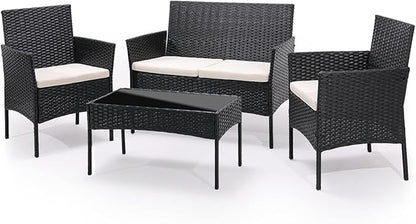 MoNiBloom 4 Pieces Patio Furniture Sets, Non Slip Foot Pads Wicker Rattan Sofa Chair with Soft Cushions and Sturdy Coffee Table for Backyard Porch Garden Poolside Balcony, Capacity 250 lbs, Black