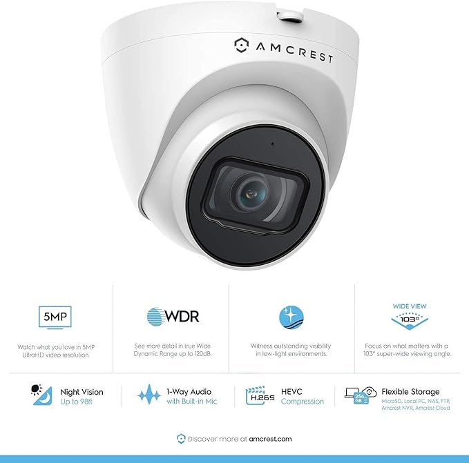 Amcrest 5MP POE Security Camera System Outdoor, 8CH POE NVR, 4pcs 5MP Turret POE Cameras, IP67 Metal Turret POE IP Cameras, Built in Mic, Pre-Installed 2TB Hard Drive, NV4108E-IP5M-T1179EW4-2TB