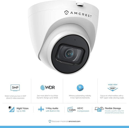 Amcrest 5MP POE Security Camera System Outdoor, 8CH POE NVR, 4pcs 5MP Turret POE Cameras, IP67 Metal Turret POE IP Cameras, Built in Mic, Pre-Installed 2TB Hard Drive, NV4108E-IP5M-T1179EW4-2TB