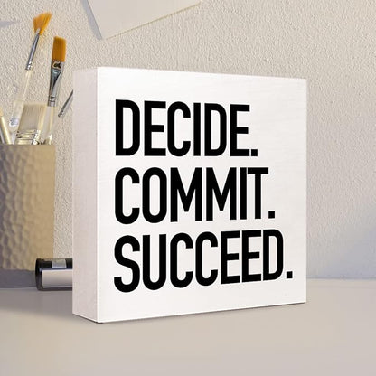 Decide Commit Succeed Wooden Sign Desk Decor,Motivational Fitness Gym Workout Quote Wood Block Sign Desk Decorations for Home Gym Office Desk Shelf Table Decor