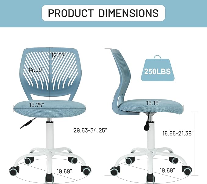 FurnitureR Kids Desk Chair, Small Mid Back Adjustable Swivel Computer Task Study Chair for Student, Fabric Armless Cute Rolling Children Office Chair, Light Blue