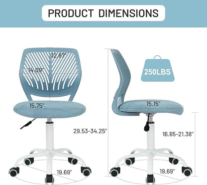 FurnitureR Kids Desk Chair, Small Mid Back Adjustable Swivel Computer Task Study Chair for Student, Fabric Armless Cute Rolling Children Office Chair, Light Blue