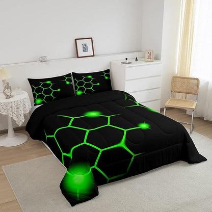 Hexagonal Comforter Set Geometric Honeycomb Bedding Set for Kids Adults Neon Green Black Comforter Modern Hexagon Beehive Quilt Set Ultra Soft Room Decor Queen Size Bedroom Collection 3Pcs