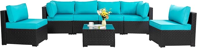 Shintenchi 7 Pieces Outdoor Patio Sectional Sofa Couch, Black PE Wicker Furniture Conversation Sets with Washable Cushions & Glass Coffee Table for Garden, Poolside, Backyard (Blue)