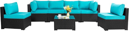 Shintenchi 7 Pieces Outdoor Patio Sectional Sofa Couch, Black PE Wicker Furniture Conversation Sets with Washable Cushions & Glass Coffee Table for Garden, Poolside, Backyard (Blue)