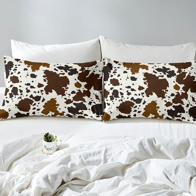 Cow Print Comforter Set Queen Size Cowhide Bedding Set for Boys Girls Man Women Bedroom Decor Brown Bull Cattle Skin Down Comforter Wildlife Fur Hair Farmhouse Animal Skin Duvet Set