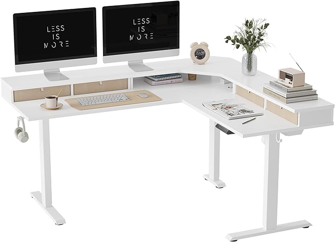 FEZIBO 63" L Shaped Standing Desk with 4 Drawers, Electric Standing Gaming Desk Adjustable Height, Corner Stand up Desk with Splice Board, White Frame/White Top