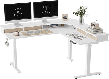 FEZIBO 63" L Shaped Standing Desk with 4 Drawers, Electric Standing Gaming Desk Adjustable Height, Corner Stand up Desk with Splice Board, White Frame/White Top