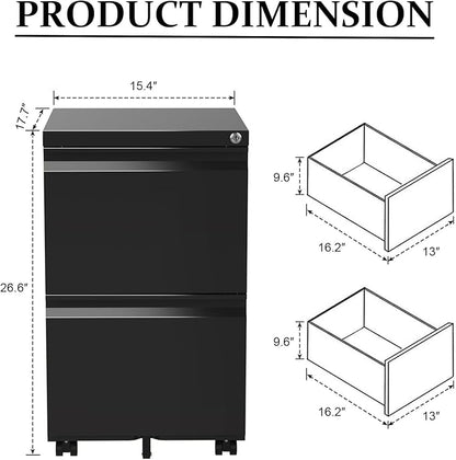 2-Drawer Mobile File Cabinets Rolling Metal Filing Cabinet for Legal & Letter File Anti-tilt Design with Lock Under Desk Office Drawers Fully Assembled Except Casters Black