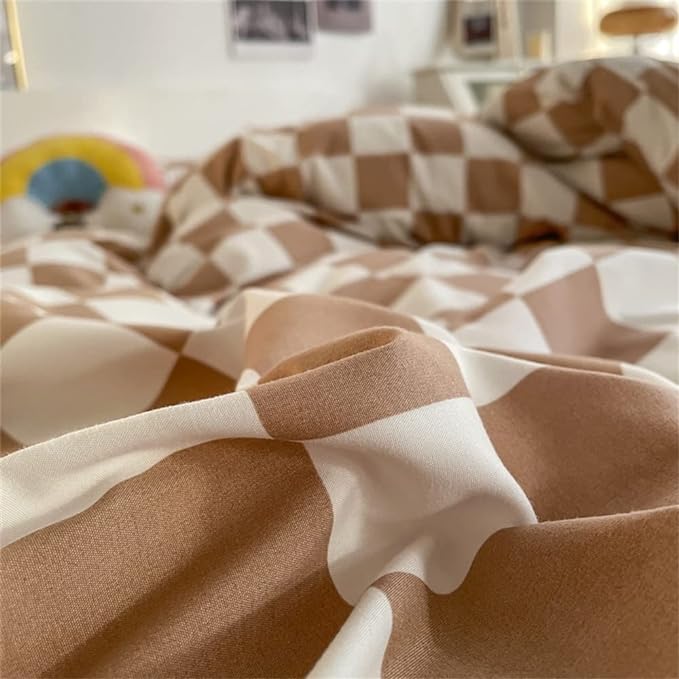 Wellboo Light Brown Plaid Comforter Sets Twin Women Men Cream Coffee and White Checkerboard Grid Bedding Comforters Cotton Boys Girls Modern Light Taupe Checkered Geometric Quilts Luxury Abstract Bed