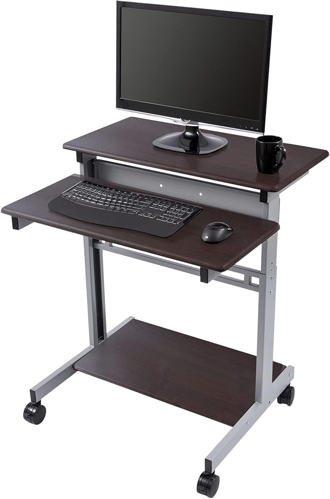Stand Up Desk Store Rolling Adjustable Height Two Tier Standing Desk Computer Workstation (Silver Frame/Dark Walnut Top, 32" Wide)