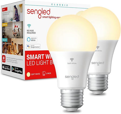 Sengled Alexa/Google Smart WiFi Light Bulbs, A19 Soft White 2700K, 800LM, No Hub - 2 Pack