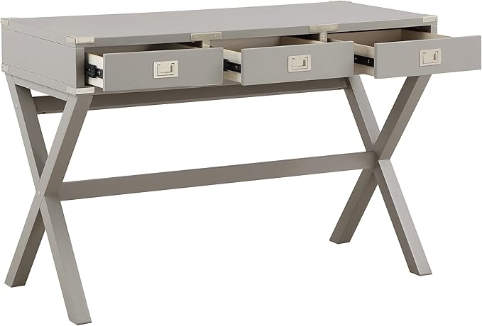 OSP Home Furnishings Wellington 46-Inch Writing Desk with Power Hub and 3 Storage Drawers, Grey