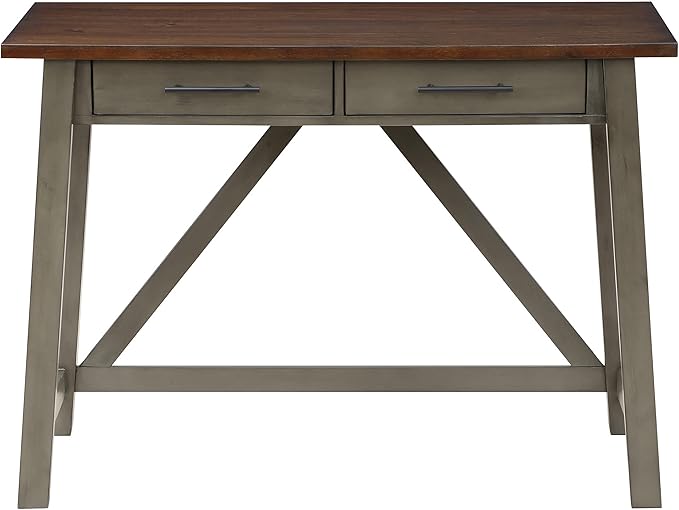 OSP Home Furnishings Milford Rustic 42 Inch Writing Desk with 2 Drawers and Burnished Decorative Hardware, Slate Gray