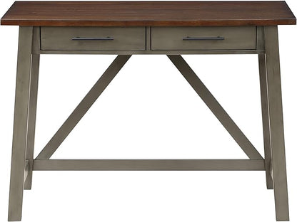 OSP Home Furnishings Milford Rustic 42 Inch Writing Desk with 2 Drawers and Burnished Decorative Hardware, Slate Gray
