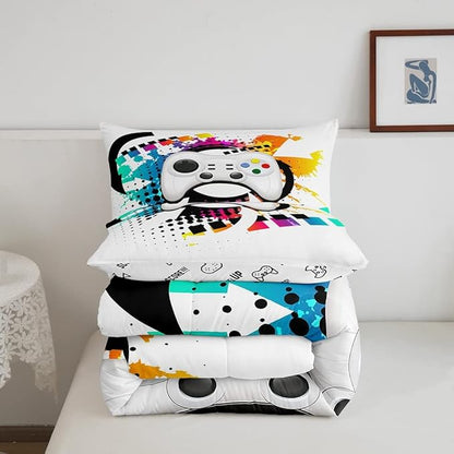Kids Gaming Comforter Set Full Gamer Bedding Set, Modern Console Game Controller Duvet Set For Boys Girls Teens, White Gamepad Quilt Set, Tie Dye Colorful Comforter Set Grey White Soft Bedding Set