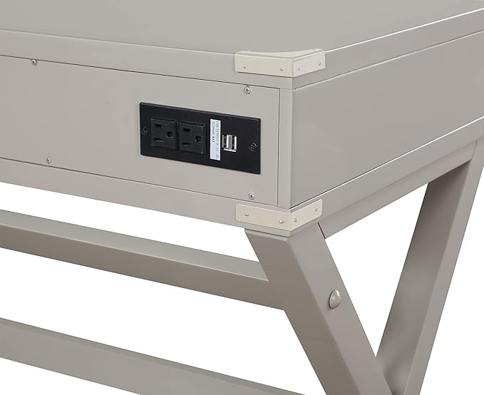 OSP Home Furnishings Wellington 46-Inch Writing Desk with Power Hub and 3 Storage Drawers, Grey
