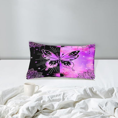 Butterfly Comforter - Butterfly Bed Set - Butterfly Comforter Set for Girls Women Bed Girls Twin Bedding Set Black Purple Butterflies with Sun and Moon Printed Quilt Sets with 1 Pillowcase