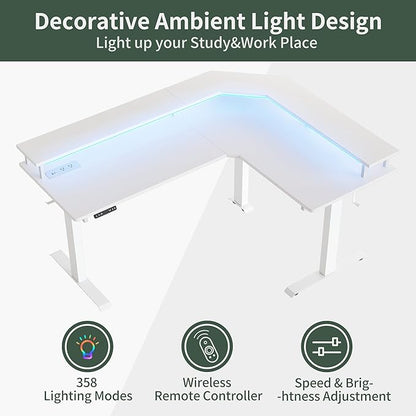 FEZIBO 63" Triple Motor L Shaped Standing Desk with LED Strip & Power Outlets, Height Adjustable Stand up Corner Gaming Desk with Ergonomic Monitor Stand, White Top/White Frame