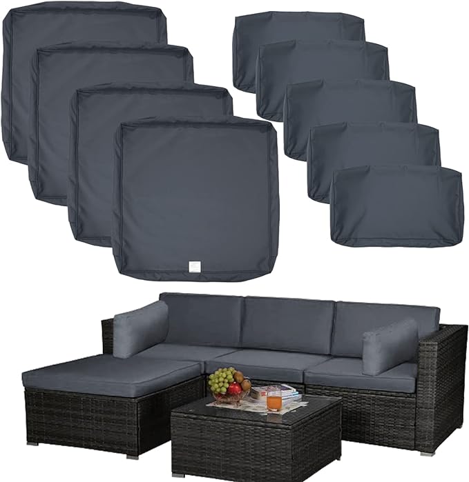 ClawsCover 9Pack Outdoor Seat and Back Cushions Replacement Covers Fit for 5 Pieces 4-Seater Wicker Rattan Patio Conversation Set Sectional Couch Furniture,Dark Gray-Include Covers Only (Large)