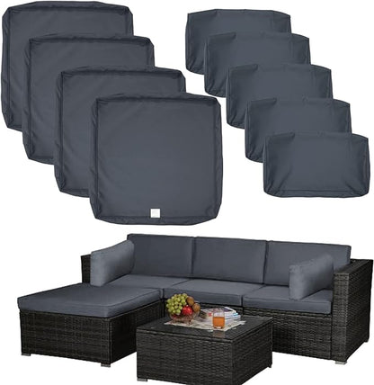 ClawsCover 9Pack Outdoor Seat and Back Cushions Replacement Covers Fit for 5 Pieces 4-Seater Wicker Rattan Patio Conversation Set Sectional Couch Furniture,Dark Gray-Include Covers Only (Large)