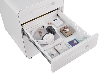 3 Drawer Mobile Desk Office with Lock and Wheels,Versatile Storage Cabinets w/Anti-Tilting Cold Rolled Steel Waterproof Moisture-Proof,for Legal/Letter/A4 Files,White