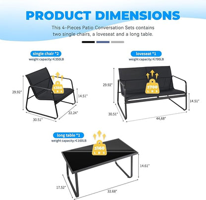4 Pieces Patio Furniture Set Outdoor Patio Conversation Sets Poolside Lawn Chairs with Glass Coffee Table Porch Furniture for Courtyard, Garden and Balcony (Black)