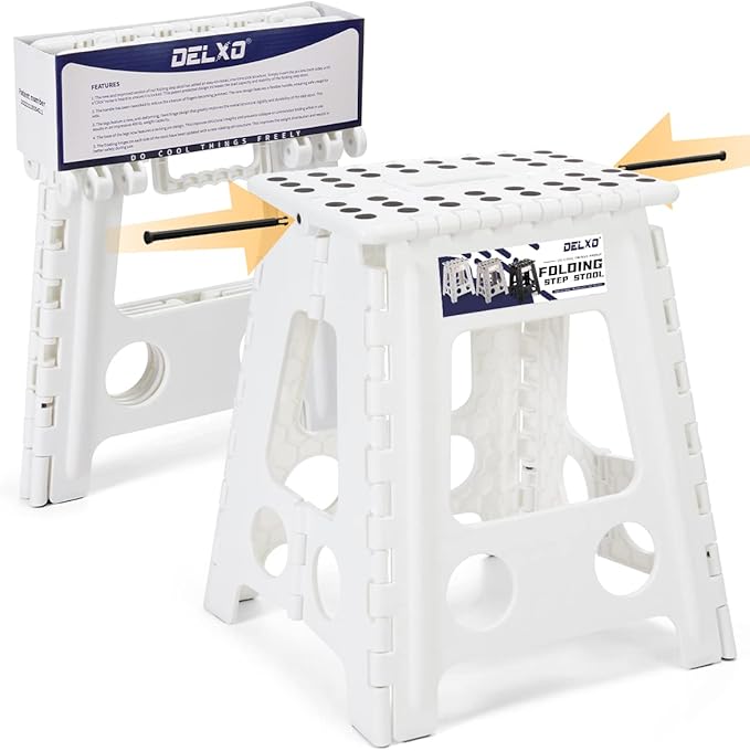 Delxo 16” Folding Step Stool in White,1 Pack Premium Heavy Duty Foldable Foot Stool for Adults,Portable Collapsible Plastic Step Stool,Non Slip Folding Stools for Kitchen Bathroom Bedroom Up to 400LBS
