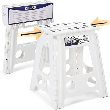 Delxo 16” Folding Step Stool in White,1 Pack Premium Heavy Duty Foldable Foot Stool for Adults,Portable Collapsible Plastic Step Stool,Non Slip Folding Stools for Kitchen Bathroom Bedroom Up to 400LBS