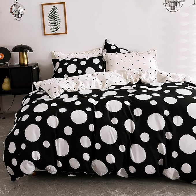 Queen Bedding Set, 3Pcs Comforter Set with Polka Dots Print, Reversible Gingham, Black White Dots, Soft for Hot Sleeper, Machine Washable, Ideal for All Ages & Genders