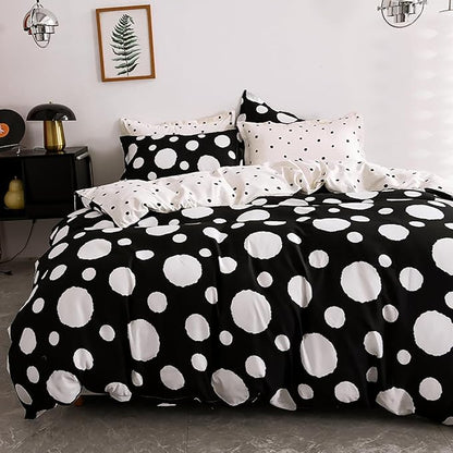 Queen Bedding Set, 3Pcs Comforter Set with Polka Dots Print, Reversible Gingham, Black White Dots, Soft for Hot Sleeper, Machine Washable, Ideal for All Ages & Genders