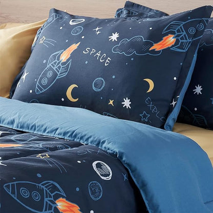 SLEEP ZONE Kids Twin Bedding Comforter Set - Super Cute & Soft Kids Bedding 5 Pieces Set with Comforter, Sheet, Pillowcase & Sham (Space Rocket)