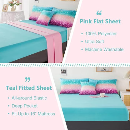 PERFEMET 6Pcs Teal Purple Comforter Set Twin Size, Tie Dye Rainbow Glitter Bed in A Bag, Gradient Pastel Ombre Sparkle Bedding Set for Kids Teens Girls (Blue Teal Purple, Twin)